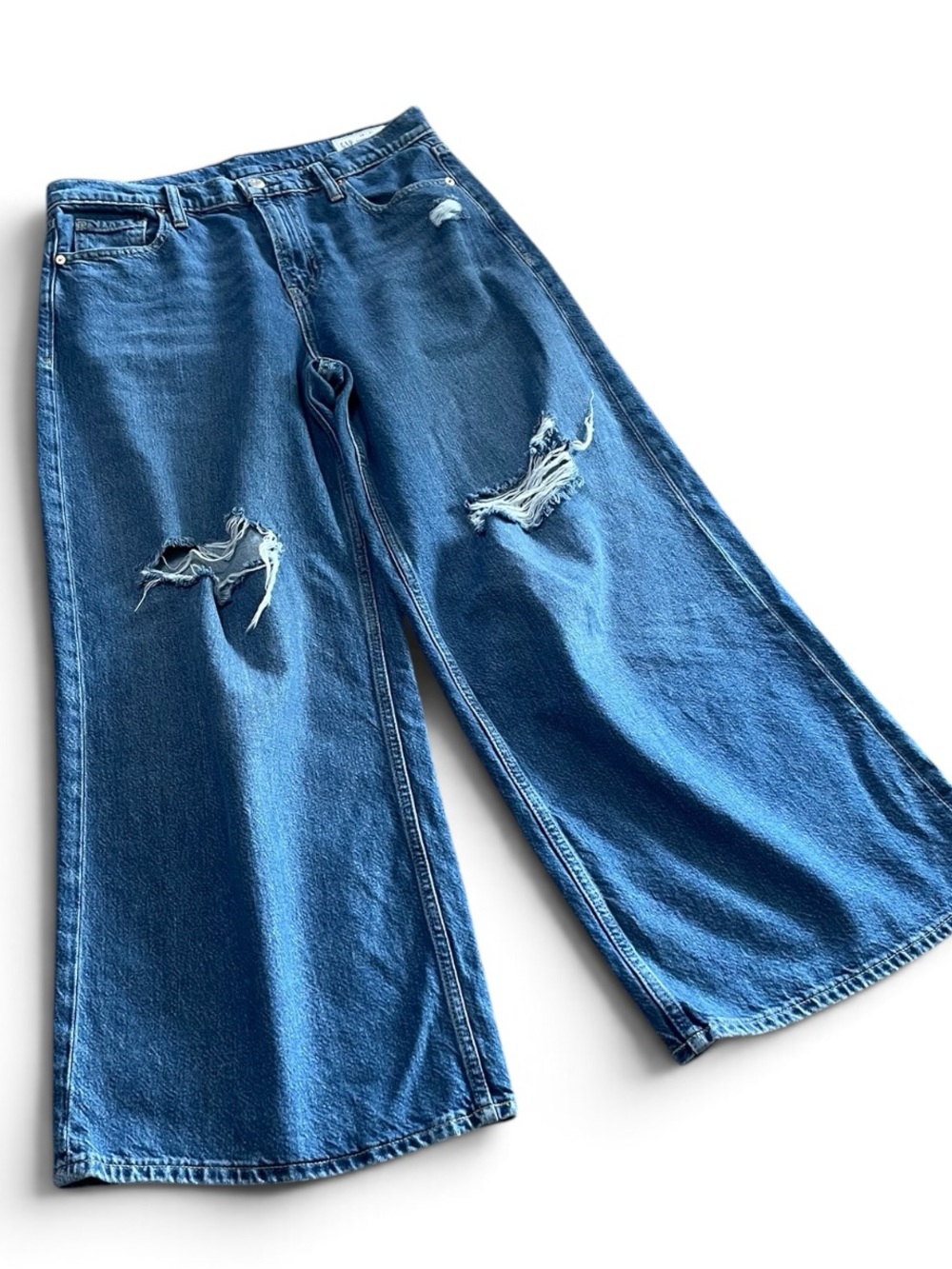 GAP Baggy Mid Rise Wide Leg Denim Blue Jeans Women’s Sz 29 | 8R Distressed